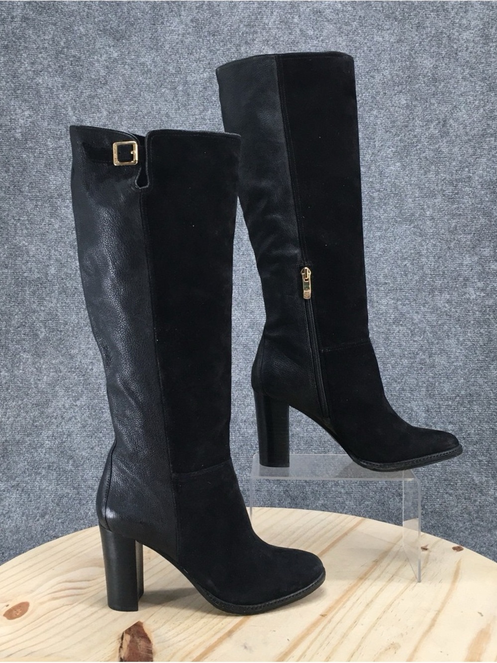 Vince Camuto Black Knee-High Suede & Leather Heeled Boots